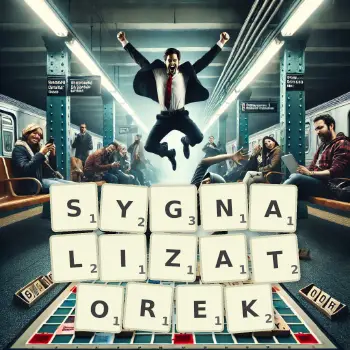 Kreatywna ilustracja do gry w Scrabble ze słowem SYGNALIZATOREK ułożonym z płytek na planszy.