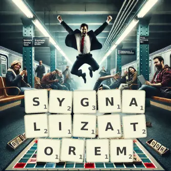 Kreatywna ilustracja do gry w Scrabble ze słowem SYGNALIZATOREM ułożonym z płytek na planszy.
