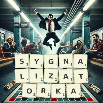 Kreatywna ilustracja do gry w Scrabble ze słowem SYGNALIZATORKA ułożonym z płytek na planszy.