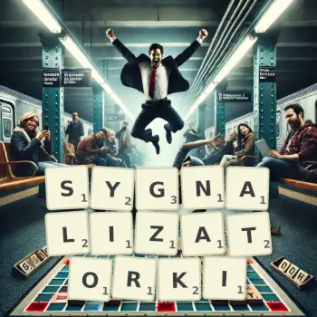 Kreatywna ilustracja do gry w Scrabble ze słowem SYGNALIZATORKI ułożonym z płytek na planszy.