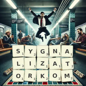 Kreatywna ilustracja do gry w Scrabble ze słowem SYGNALIZATORKOM ułożonym z płytek na planszy.