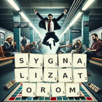 Kreatywna ilustracja do gry w Scrabble ze słowem SYGNALIZATOROM ułożonym z płytek na planszy.
