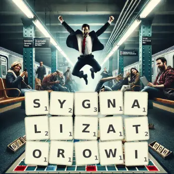 Kreatywna ilustracja do gry w Scrabble ze słowem SYGNALIZATOROWI ułożonym z płytek na planszy.