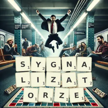 Kreatywna ilustracja do gry w Scrabble ze słowem SYGNALIZATORZE ułożonym z płytek na planszy.