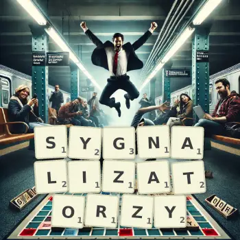 Kreatywna ilustracja do gry w Scrabble ze słowem SYGNALIZATORZY ułożonym z płytek na planszy.