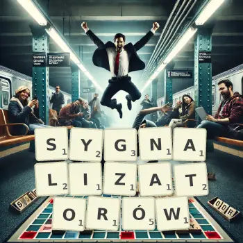 Kreatywna ilustracja do gry w Scrabble ze słowem SYGNALIZATORÓW ułożonym z płytek na planszy.
