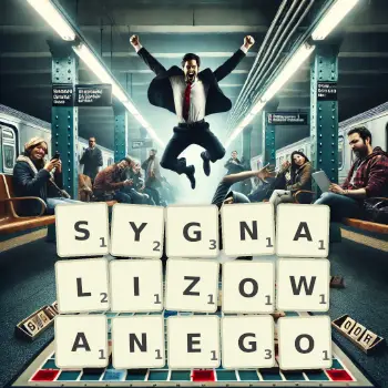 Kreatywna ilustracja do gry w Scrabble ze słowem SYGNALIZOWANEGO ułożonym z płytek na planszy.