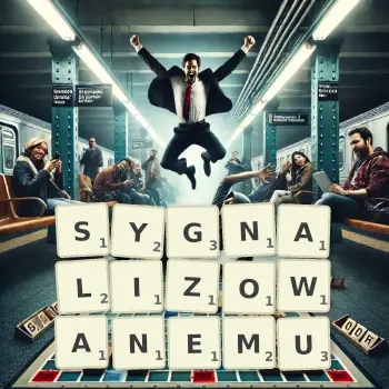 Kreatywna ilustracja do gry w Scrabble ze słowem SYGNALIZOWANEMU ułożonym z płytek na planszy.