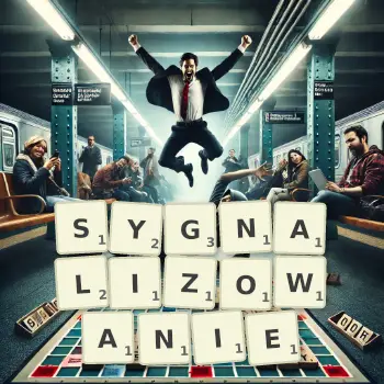 Kreatywna ilustracja do gry w Scrabble ze słowem SYGNALIZOWANIE ułożonym z płytek na planszy.