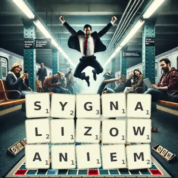 Kreatywna ilustracja do gry w Scrabble ze słowem SYGNALIZOWANIEM ułożonym z płytek na planszy.