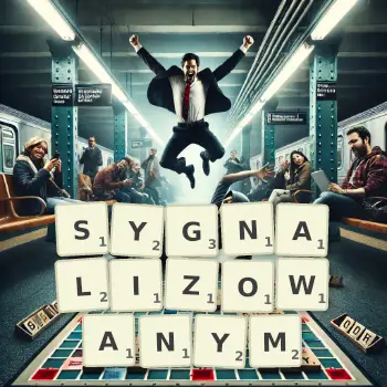 Kreatywna ilustracja do gry w Scrabble ze słowem SYGNALIZOWANYM ułożonym z płytek na planszy.