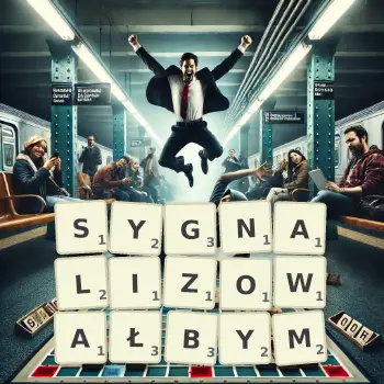 Kreatywna ilustracja do gry w Scrabble ze słowem SYGNALIZOWAŁBYM ułożonym z płytek na planszy.