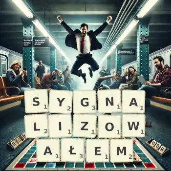 Kreatywna ilustracja do gry w Scrabble ze słowem SYGNALIZOWAŁEM ułożonym z płytek na planszy.