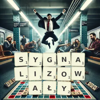 Kreatywna ilustracja do gry w Scrabble ze słowem SYGNALIZOWAŁY ułożonym z płytek na planszy.
