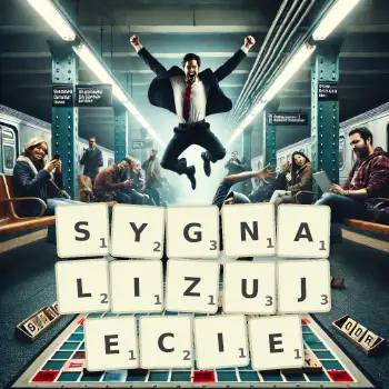 Kreatywna ilustracja do gry w Scrabble ze słowem SYGNALIZUJECIE ułożonym z płytek na planszy.