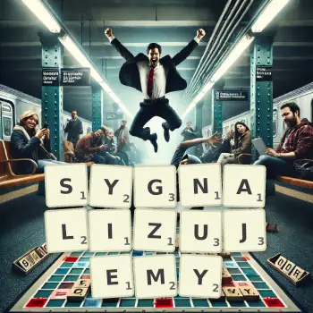 Kreatywna ilustracja do gry w Scrabble ze słowem SYGNALIZUJEMY ułożonym z płytek na planszy.