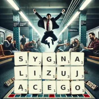 Kreatywna ilustracja do gry w Scrabble ze słowem SYGNALIZUJĄCEGO ułożonym z płytek na planszy.