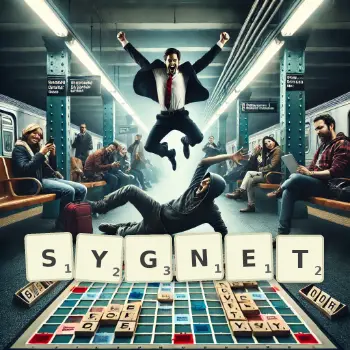 Kreatywna ilustracja do gry w Scrabble ze słowem SYGNET ułożonym z płytek na planszy.