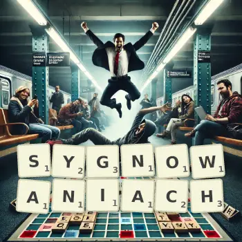 Kreatywna ilustracja do gry w Scrabble ze słowem SYGNOWANIACH ułożonym z płytek na planszy.