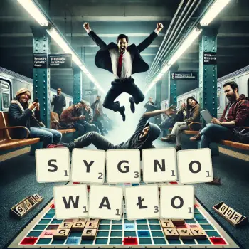 Kreatywna ilustracja do gry w Scrabble ze słowem SYGNOWAŁO ułożonym z płytek na planszy.