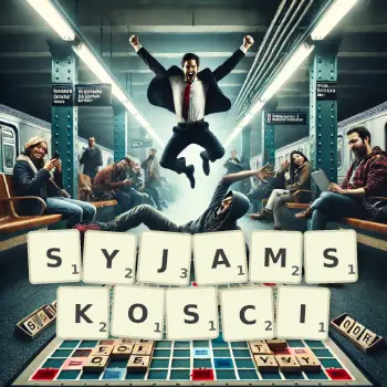 Kreatywna ilustracja do gry w Scrabble ze słowem SYJAMSKOSCI ułożonym z płytek na planszy.