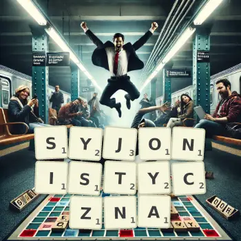 Kreatywna ilustracja do gry w Scrabble ze słowem SYJONISTYCZNA ułożonym z płytek na planszy.