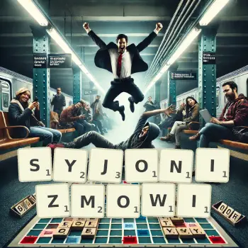 Kreatywna ilustracja do gry w Scrabble ze słowem SYJONIZMOWI ułożonym z płytek na planszy.