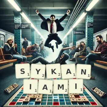 Kreatywna ilustracja do gry w Scrabble ze słowem SYKANIAMI ułożonym z płytek na planszy.