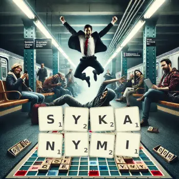 Kreatywna ilustracja do gry w Scrabble ze słowem SYKANYMI ułożonym z płytek na planszy.