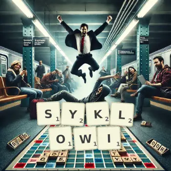 Kreatywna ilustracja do gry w Scrabble ze słowem SYKLOWI ułożonym z płytek na planszy.