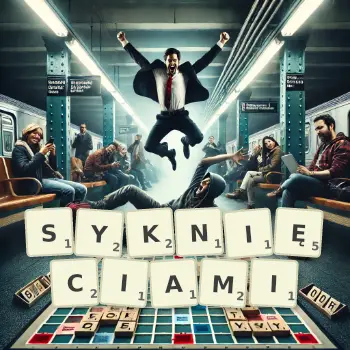 Kreatywna ilustracja do gry w Scrabble ze słowem SYKNIĘCIAMI ułożonym z płytek na planszy.