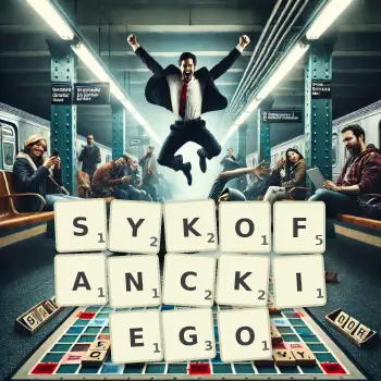 Kreatywna ilustracja do gry w Scrabble ze słowem SYKOFANCKIEGO ułożonym z płytek na planszy.