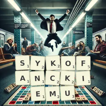 Kreatywna ilustracja do gry w Scrabble ze słowem SYKOFANCKIEMU ułożonym z płytek na planszy.