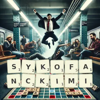 Kreatywna ilustracja do gry w Scrabble ze słowem SYKOFANCKIMI ułożonym z płytek na planszy.