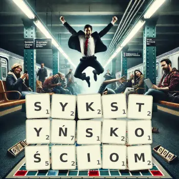 Kreatywna ilustracja do gry w Scrabble ze słowem SYKSTYŃSKOŚCIOM ułożonym z płytek na planszy.