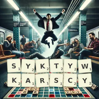 Kreatywna ilustracja do gry w Scrabble ze słowem SYKTYWKARSCY ułożonym z płytek na planszy.