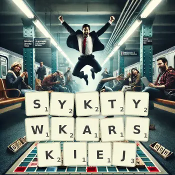 Kreatywna ilustracja do gry w Scrabble ze słowem SYKTYWKARSKIEJ ułożonym z płytek na planszy.