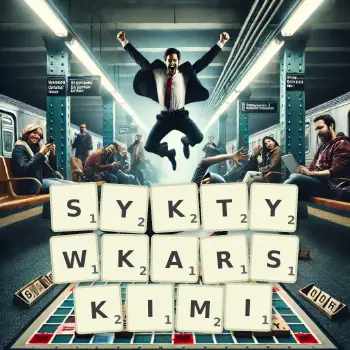 Kreatywna ilustracja do gry w Scrabble ze słowem SYKTYWKARSKIMI ułożonym z płytek na planszy.