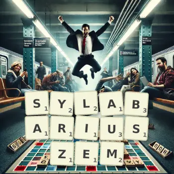 Kreatywna ilustracja do gry w Scrabble ze słowem SYLABARIUSZEM ułożonym z płytek na planszy.