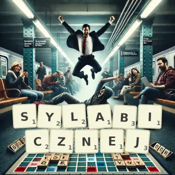 Kreatywna ilustracja do gry w Scrabble ze słowem SYLABICZNEJ ułożonym z płytek na planszy.
