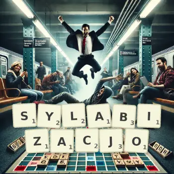 Kreatywna ilustracja do gry w Scrabble ze słowem SYLABIZACJO ułożonym z płytek na planszy.