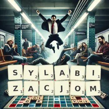 Kreatywna ilustracja do gry w Scrabble ze słowem SYLABIZACJOM ułożonym z płytek na planszy.
