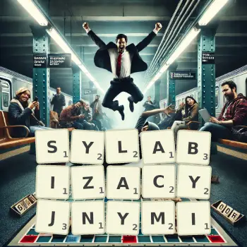Kreatywna ilustracja do gry w Scrabble ze słowem SYLABIZACYJNYMI ułożonym z płytek na planszy.