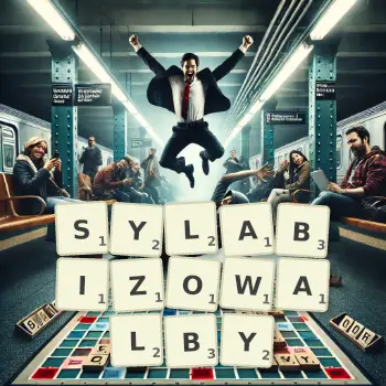 Kreatywna ilustracja do gry w Scrabble ze słowem SYLABIZOWALBY ułożonym z płytek na planszy.