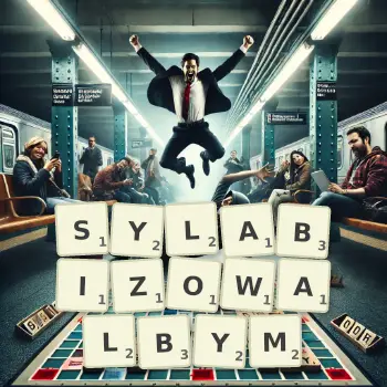 Kreatywna ilustracja do gry w Scrabble ze słowem SYLABIZOWALBYM ułożonym z płytek na planszy.