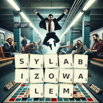 Kreatywna ilustracja do gry w Scrabble ze słowem SYLABIZOWALEM ułożonym z płytek na planszy.