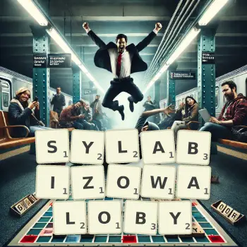 Kreatywna ilustracja do gry w Scrabble ze słowem SYLABIZOWALOBY ułożonym z płytek na planszy.