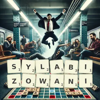 Kreatywna ilustracja do gry w Scrabble ze słowem SYLABIZOWANI ułożonym z płytek na planszy.