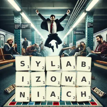 Kreatywna ilustracja do gry w Scrabble ze słowem SYLABIZOWANIACH ułożonym z płytek na planszy.