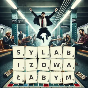 Kreatywna ilustracja do gry w Scrabble ze słowem SYLABIZOWAŁABYM ułożonym z płytek na planszy.
